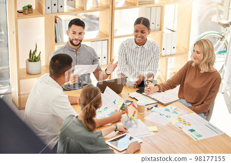 Planning, strategy and collaboration with business people in meeting for project management, marketing and analytics. Teamwork, growth and goals with employee in workshop and documents for consulting 98177155