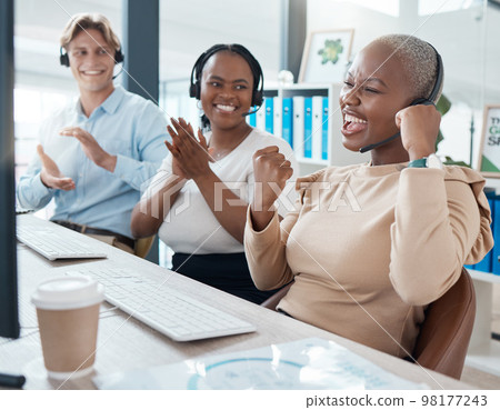 Celebration, call center and business people with success, achievement and goal in the office. Happy, diversity and telemarketing employees clapping hands and celebrating online sale in the workplace 98177243