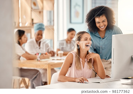 Startup business, women and computer with manager or mentor do training in office while laughing and having funny conversation. UX creative design team of females talking about web analytics Startup business, women and computer with manager or mentor do training in office while laughing and having funny conversation. UX creative design team of females talking about web analytics 98177362