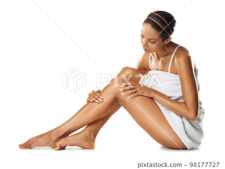 Body, legs and skincare woman on studio floor for spa beauty, cellulite treatment or cosmetics marketing mockup. Dermatology, aesthetic and woman model with hair removal results for advertising 98177727