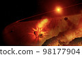 Alien planet landscape with falling meteorites. Space in red colors. Elements of this image furnished by NASA. 98177904