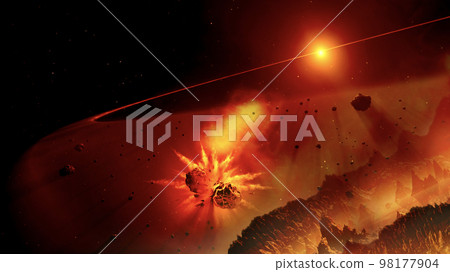 Alien planet landscape with falling meteorites. Space in red colors. Elements of this image furnished by NASA. Alien planet landscape with falling meteorites. Space in red colors. Elements of this image furnished by NASA. 98177904