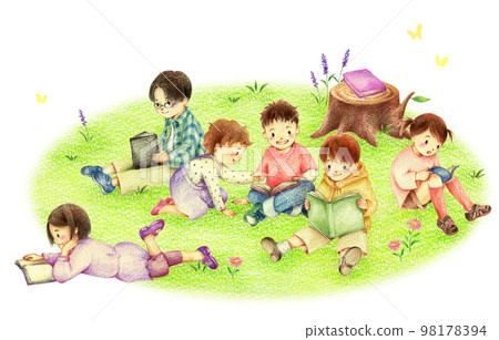 Children reading in the field Hand-drawn colored pencil drawing 98178394