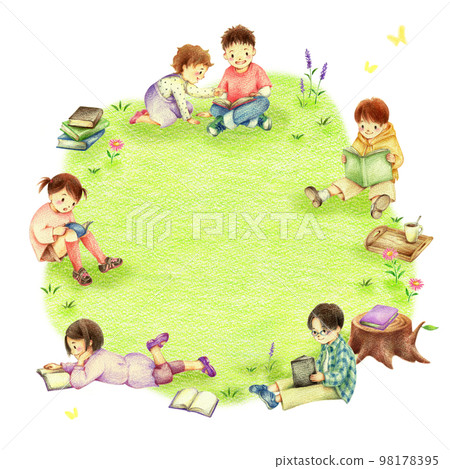 Background of children reading in the field Hand-drawn colored pencil drawing 98178395