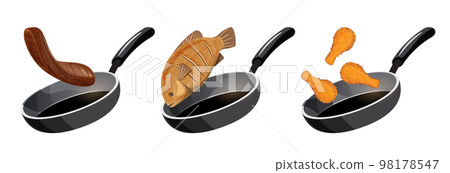 set of fried chicken , meat and fish in frying pan vector illustration set of fried chicken , meat and fish in frying pan vector illustration 98178547