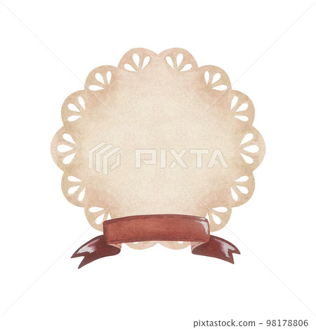 Beige lace doily with red ribbon for title.Place for inscription or text.Watercolor illustration.Isolated on a white background.For design of stickers, greeting cards, wedding invitation,scrapbooking 98178806