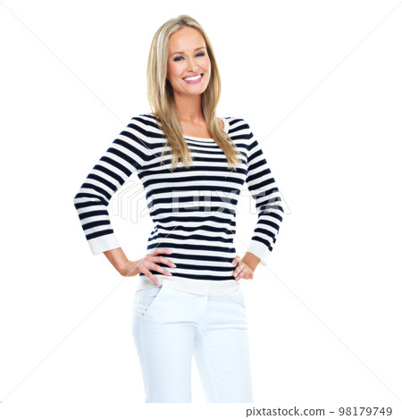 Studio portrait, woman and smile for beauty, style or fashion by white background with hands on hips. Model, happy and isolated for happiness, excited or jeans for lifestyle, blonde hair or confident 98179749