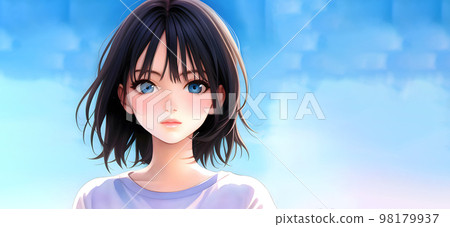 中等頭髮的女孩，夏季形象，水彩風格 98179937