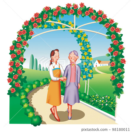 Old woman and young woman walking in the garden 98180011