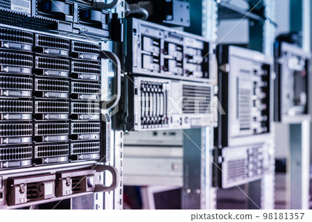Row of hard disks used for data storage in internet data center 98181357
