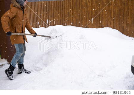 A man in winter cleans snow with a shovel in the yard of a house in the parking lot. Snowfall, difficult weather conditions, the car is stalling, digging up the passage A man in winter cleans snow with a shovel in the yard of a house in the parking lot. Snowfall, difficult weather conditions, the car is stalling, digging up the passage 98181905
