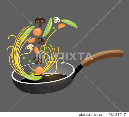 Spaghetti with vegetables cooking in a pan vector illustration 98181947