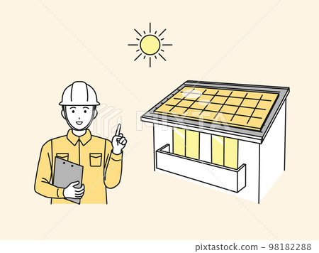 Illustration of an electrician explaining solar power generation and solar panels 98182288