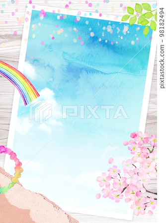 Photo of cherry blossoms and blue sky Background material Watercolor illustration 98182494