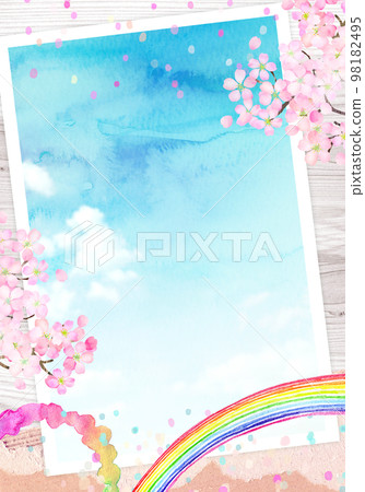 Photo of cherry blossoms and blue sky Background material Watercolor illustration 98182495
