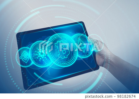 Bitcoin, Ethereum, Cardano, Dogecoin, Binance Coin symbol hologram on tablet screen. Cryptocurrency and future technology concept. Bitcoin, Ethereum, Cardano, Dogecoin, Binance Coin symbol hologram on tablet screen. Cryptocurrency and future technology concept. 98182674