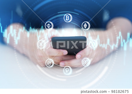 Hand using smart phone with Cryptocurrency coin symbol. Cryptocurrency and future technology. 98182675