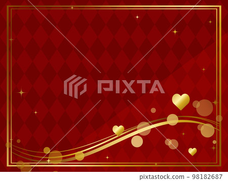 抽象線條上的心形標記和菱形圖案背景水平位置紅色和金色 抽象線條上的心形標記和菱形圖案背景水平位置紅色和金色 98182687