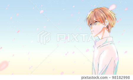 A man in a white shirt Cherry blossoms in the morning 98182998
