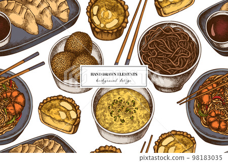 Asian food seamless pattern background design. Engraved style. Hand drawn jiaozi, jian dui, egg tart, noodles with shrimp, egg soup, noodles bowl. Asian food seamless pattern background design. Engraved style. Hand drawn jiaozi, jian dui, egg tart, noodles with shrimp, egg soup, noodles bowl. 98183035
