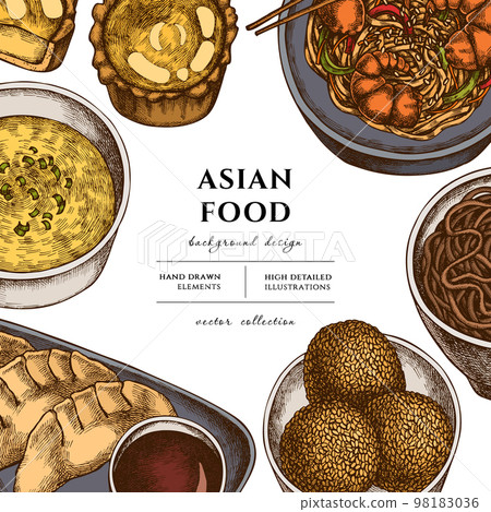 Asian food hand drawn illustration design. Background with retro jiaozi, jian dui, egg tart, noodles with shrimp, egg soup, noodles bowl. Asian food hand drawn illustration design. Background with retro jiaozi, jian dui, egg tart, noodles with shrimp, egg soup, noodles bowl. 98183036