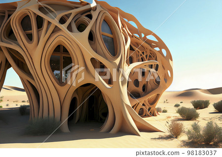 Fantasy house inside old wood in a desert, ai illustration Fantasy house inside old wood in a desert, ai illustration 98183037