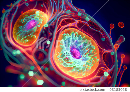 Human cells, ai illustration. Human body under microscope. Beautiful microworld Human cells, ai illustration. Human body under microscope. Beautiful microworld 98183038