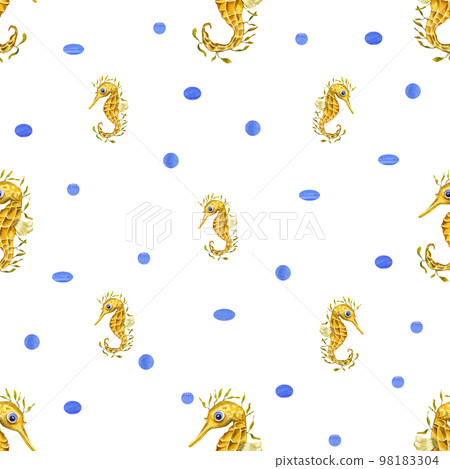 Watercolor underwater seamless pattern of seahorses on white background. Print for design, pattern, banner, background, menus, souvenirs, decor, wallpaper, fabric, textile, wrapping. 98183304