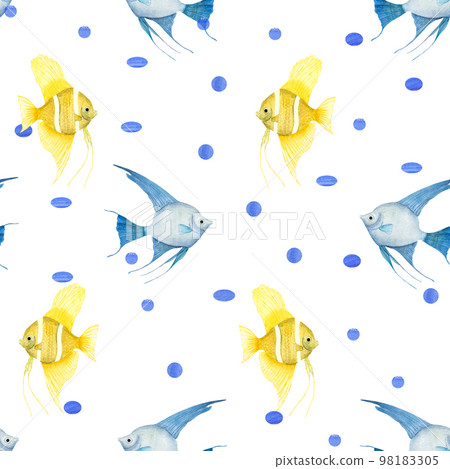 Watercolor underwater seamless pattern of blue and yellow angelfishes on white background. Print for design, background, menus, souvenirs, decor, wallpaper, fabric, textile, wrapping. Watercolor underwater seamless pattern of blue and yellow angelfishes on white background. Print for design, background, menus, souvenirs, decor, wallpaper, fabric, textile, wrapping. 98183305