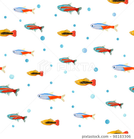 Watercolor underwater seamless pattern of neon tetra fishes on white background. Print for design, cards, background, menus, souvenirs, decor, banner, wallpaper, fabric, textile, wrapping. 98183306