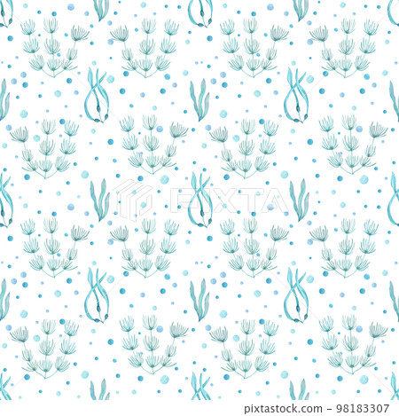 Watercolor underwater seamless pattern of seaweeds on white background. Print for design, banner, cards, background, menus, souvenirs, decor, wallpaper, fabric, textile, wrapping. Watercolor underwater seamless pattern of seaweeds on white background. Print for design, banner, cards, background, menus, souvenirs, decor, wallpaper, fabric, textile, wrapping. 98183307