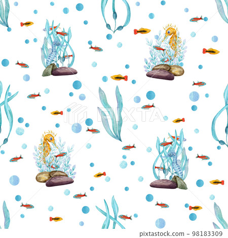 Watercolor underwater seamless pattern of seahorses, neon tetra fishes, seaweeds on white background. Print for design, background, menus, souvenirs, decor, wallpaper, fabric, textile, wrapping 98183309