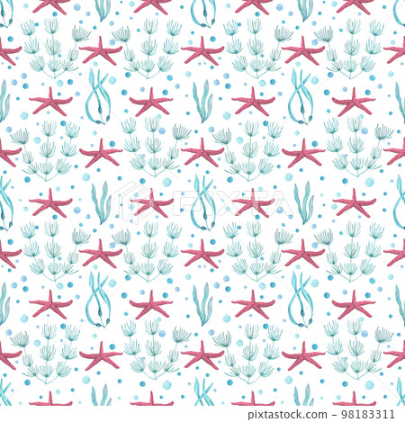 Watercolor underwater seamless pattern of seaweeds, seafishes on white background. Print for design, banner, cards, background, menus, souvenirs, decor, wallpaper, fabric, textile, wrapping Watercolor underwater seamless pattern of seaweeds, seafishes on white background. Print for design, banner, cards, background, menus, souvenirs, decor, wallpaper, fabric, textile, wrapping 98183311