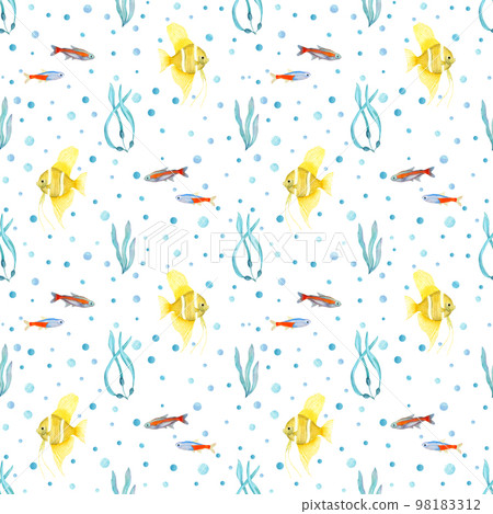 Watercolor underwater seamless pattern of angelfishes, neon tetra fishes, seaweeds on white background. Print for design, banner, cards, background, menus, souvenirs, decor, wallpaper, fabric, textile 98183312