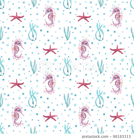 Watercolor underwater seamless pattern of seahorses, algae, starfishes on white background. Print for design, banner, background, menus, souvenirs, decor, wallpaper, fabric, textile, wrapping. Watercolor underwater seamless pattern of seahorses, algae, starfishes on white background. Print for design, banner, background, menus, souvenirs, decor, wallpaper, fabric, textile, wrapping. 98183313