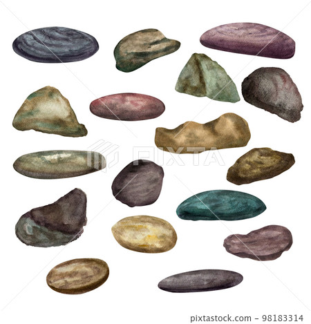 A set of sea stone in a watercolor style isolated on white background. Illustration for template, banner, poster, print, postcard, textile, decor, textute, creating composition, ornaments A set of sea stone in a watercolor style isolated on white background. Illustration for template, banner, poster, print, postcard, textile, decor, textute, creating composition, ornaments 98183314
