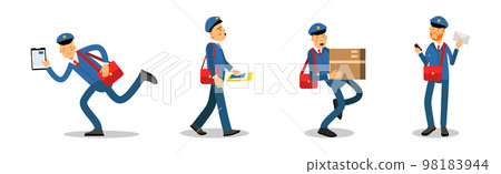 Postman or Mailman Character Delivering Letters and Parcel Vector Set 98183944