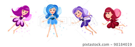 Cute Girl Fairy or Pixie in Pretty Dress Flying with Wings Vector Set 98184019