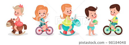 Kid Toddlers Playing with Toys in Nursery Room Vector Set 98184048