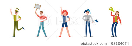 Man and Woman Sport Fan Character Supporting Team Cheering at Stadium Vector Set 98184074