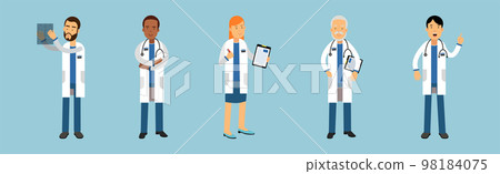 Man and Woman Doctor Characters Working at Hospital Vector Set 98184075
