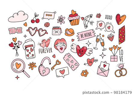 Vector valentines day elements,symbols in doodle style on white background 98184179