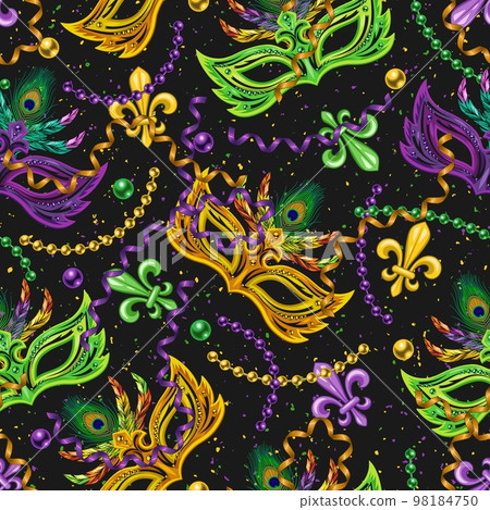 Seamless pattern with fleur de lis, strings of beads, serpentine, masks, confetti. Mardi gras carnival design. Vintage illustration for prints, clothing, surface design 98184750