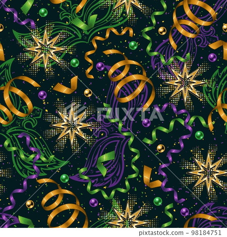Pattern with flying, falling serpentine ribbons, beads, gold shiny stars on dark background. Outline masks, confetti behind. Carnaval print ornament. 98184751