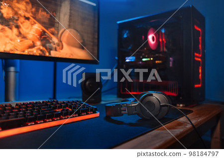 Powerful personal computer for e cyber sport gamer on the table at home. Close up 98184797