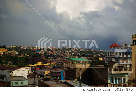 Aerial panoramic view to Fianarantsoa city at sunset , Madagascar Aerial panoramic view to Fianarantsoa city at sunset , Madagascar 98184870