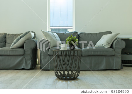 gray home interior with window. cabinet with plant. grey sofa in simple living room. table with cup gray home interior with window. cabinet with plant. grey sofa in simple living room. table with cup 98184990