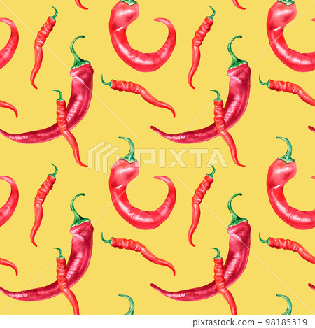Red chili hot peppers watercolor seamless pattern isolated on yellow background. 98185319