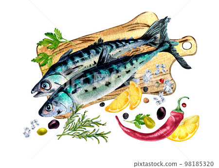 Composition of mackerel on cutting board watercolor illustration isolated on white. Composition of mackerel on cutting board watercolor illustration isolated on white. 98185320