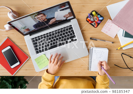 Top view of girl having video call with personal tutor Top view of girl having video call with personal tutor 98185347